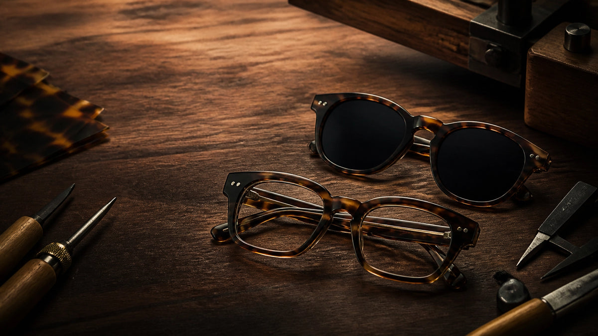 Close-up of bold tortoiseshell acetate glasses on an artisan workbench
